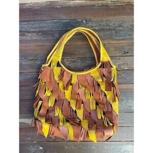 Chaos Leather Fringe Boho Shoulder Bag Yellow Brown Festival Hobo